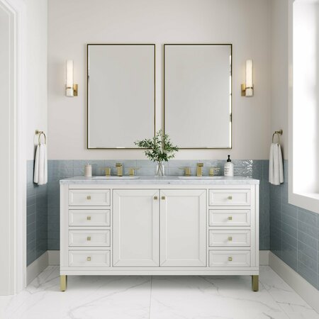 James Martin Vanities Chicago 60in Double Vanity, Glossy White w/ 3 CM Carrara Marble Top 305-V60D-GW-3CAR